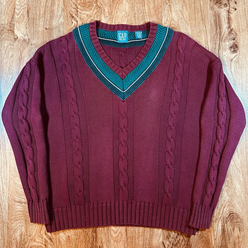Vintage 90’s GAP Maroon/Burgundy & Green Chunky Cable Knit Sweater Size XL